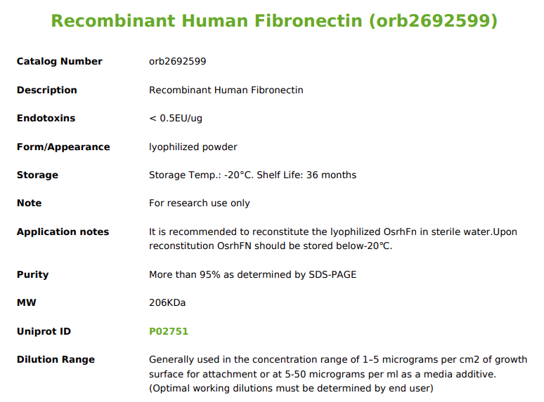 Recombinant Human Fibronectin Datasheet Extract